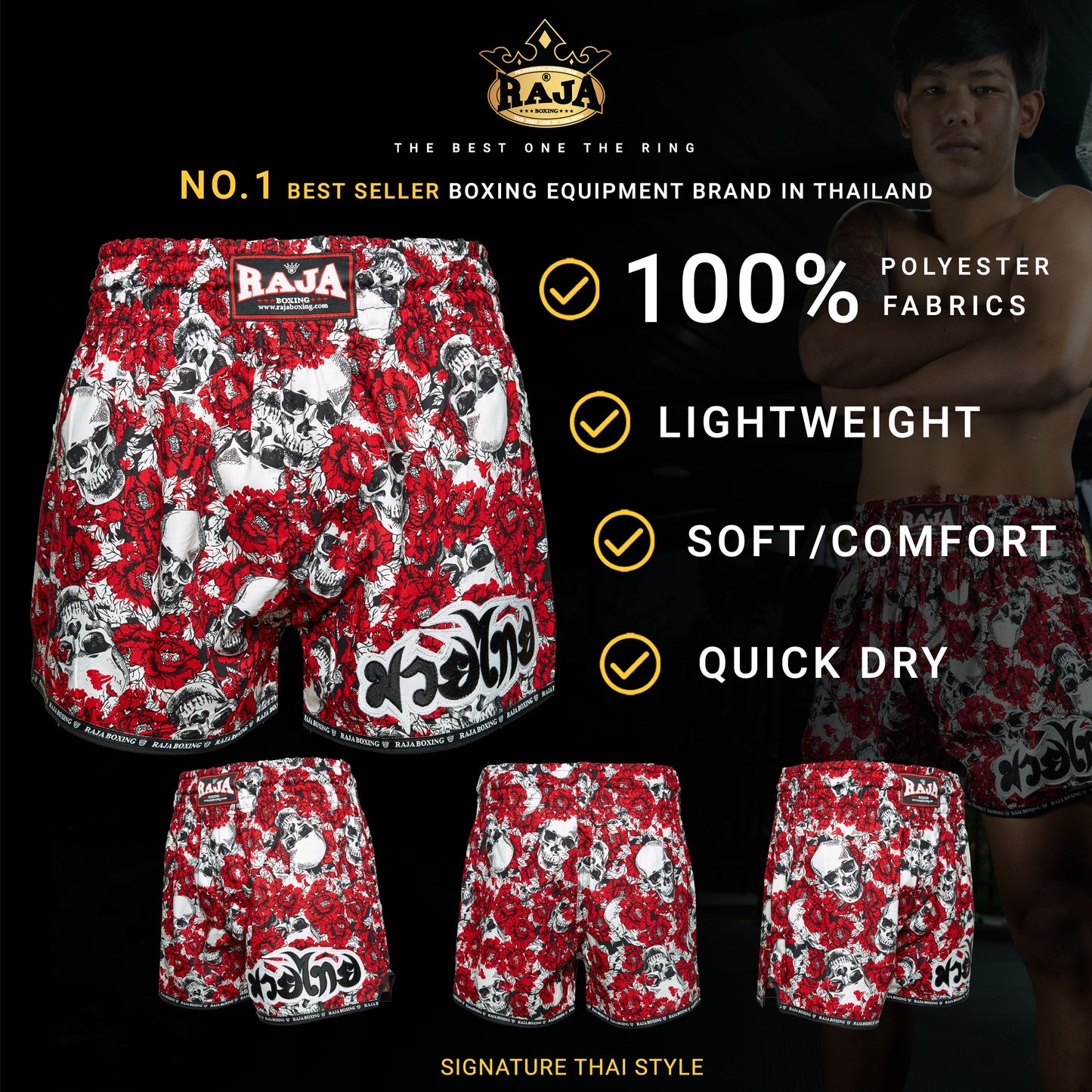 RAJA Muay Thai Shorts Red Floral Skull