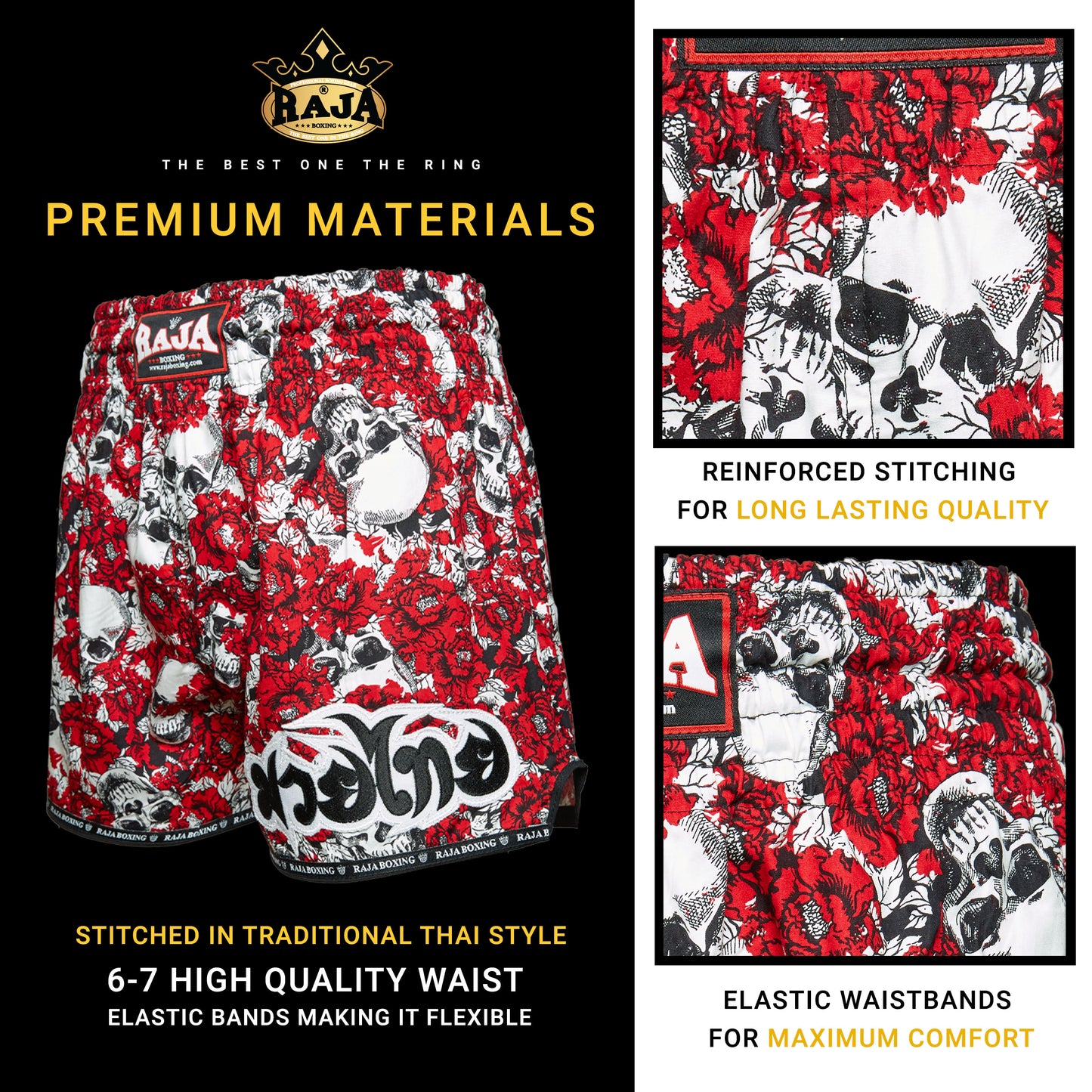 RAJA Muay Thai Shorts Red Floral Skull