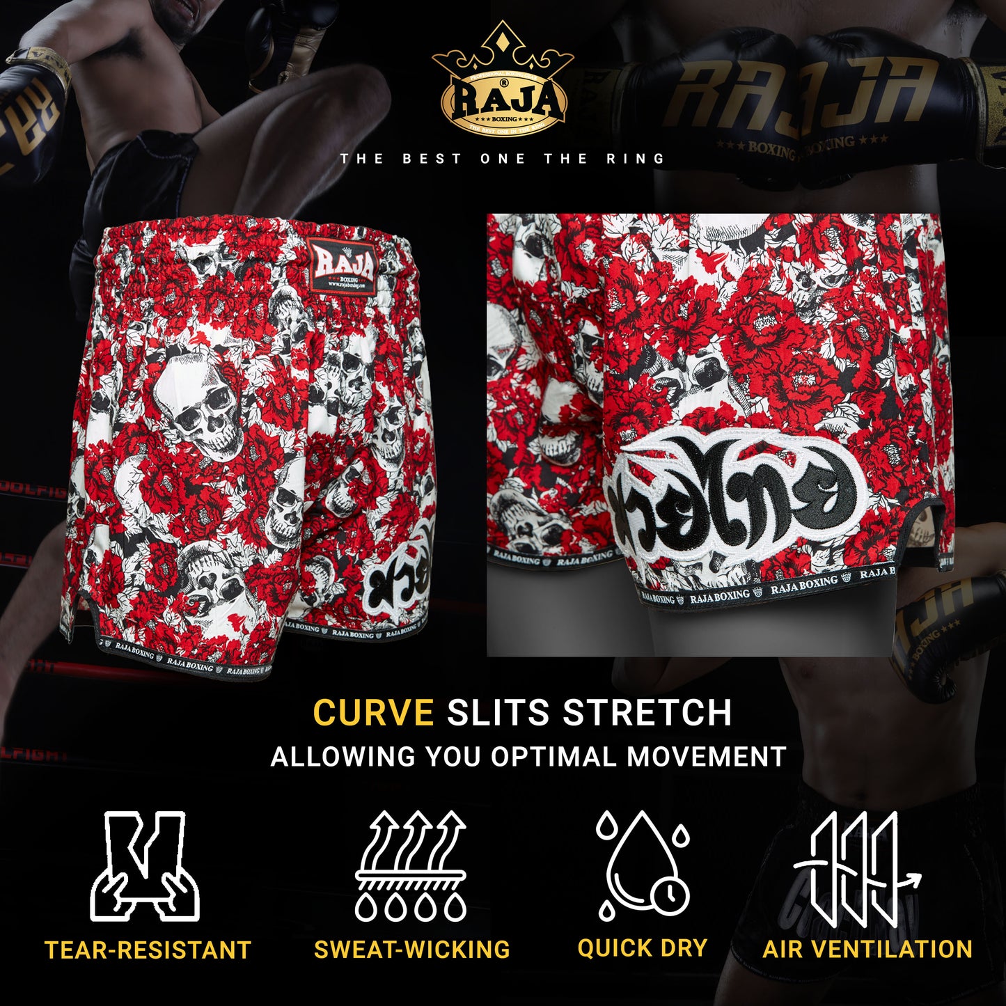 RAJA Muay Thai Shorts Red Floral Skull