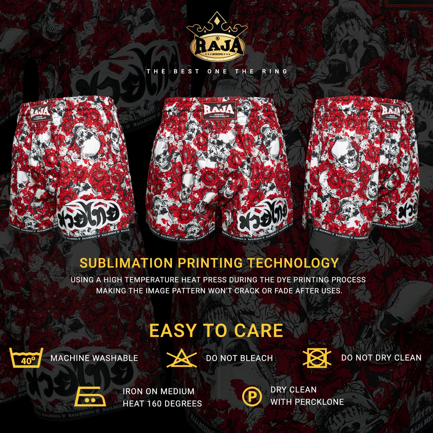 RAJA Muay Thai Shorts Red Floral Skull